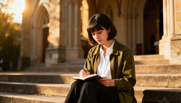 Young student writing in a journal on stone steps outdoors. Woman with faith contemplating in front of a church during golden hour
