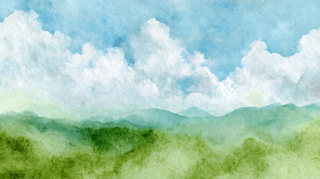 Rolling green hills under a cloudy blue sky watercolor landscape