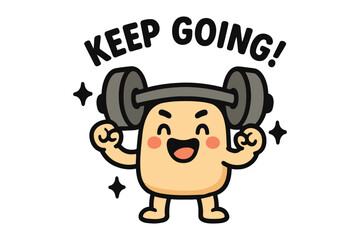 Happy cartoon character lifting weights inspiring to keep going