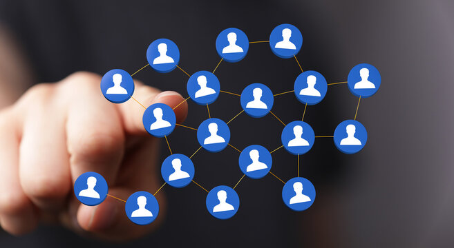 Concept of global digital network and social connections with hand touching the nodes. Representing teamwork, b