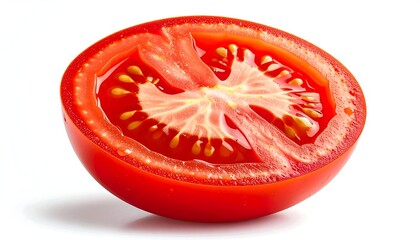 A vibrant, juicy, half-cut tomato displays its inner structure with visible seeds against a bright white background