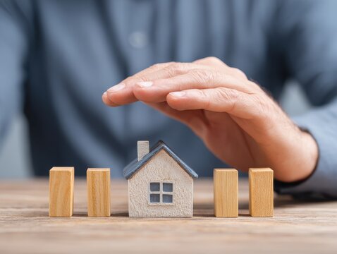 Vibrant photo of hand protecting a miniature house with wooden blocks, home insurance concept - Powered by Adobe