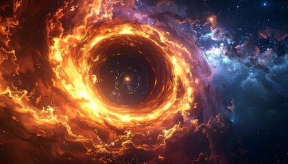 A swirling cosmic vortex of fiery orange and blue energy surrounded by stars in a deep space environment