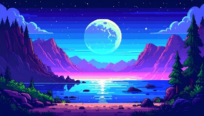 A vibrant pixel art landscape with a large moon over mountains reflected in a shimmering lake