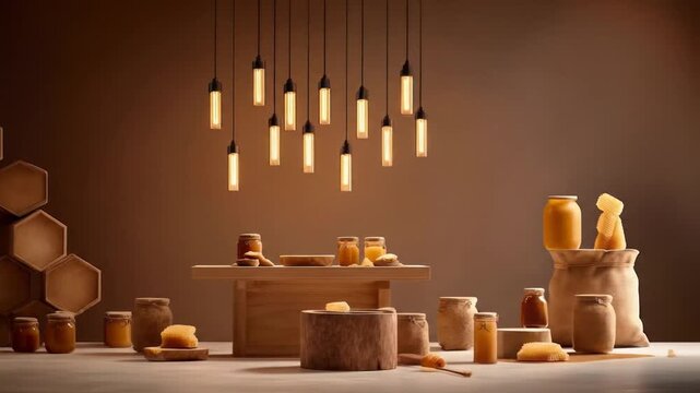 An aesthetically pleasing still-life arrangement featuring jars, honeycomb, and warm lighting