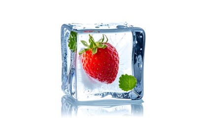 A vibrant red strawberry is encased within a clear ice cube, accompanied by fresh green leaves