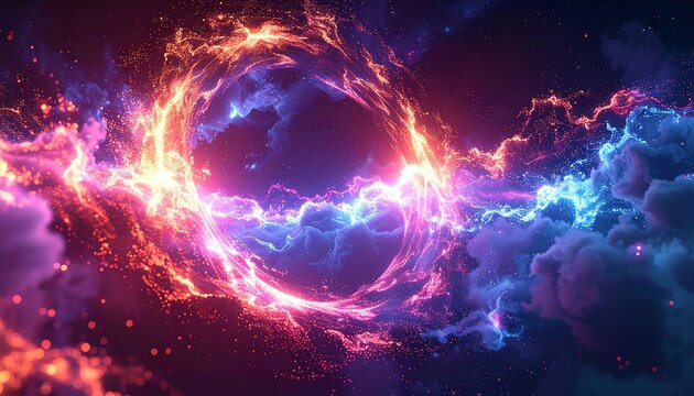 A swirling vortex of fiery reds and cool blues amidst puffy clouds, creating a dynamic, abstract cosmic display