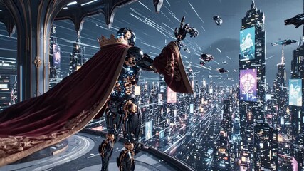 Robot monarch stands on a high balcony, overlooking a sprawling, illuminated futuristic city with towering skyscrapers, flying vehicles, and bright digital advertisements filling the night sky - Powered by Adobe