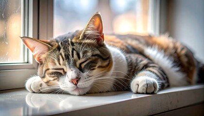 A tabby cat is sleeping peacefully on a windowsill, bathed in soft, natural light