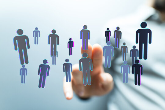 Connecting digital humans with finger touch, networking, technology, social, human resources, teamwork and inno