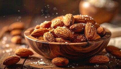 A wooden bowl filled with almonds, sprinkled with salt, sits on a rustic wooden surface. Bokeh background