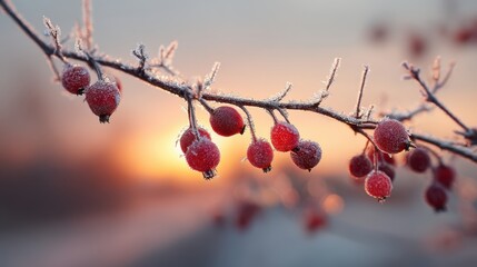 Closeup of frost-covered red berries on a branch at sunrise, symbolizing winter beauty, nature's resilience, and the peaceful moments of a cold morning.