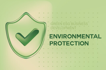 Abstract 3D glass texture security shield with glowing check mark icon, environment protection, green sustainability business, blurred gradient background with copy space. Digital ESG development