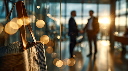 Business encounter at dusk: Two executives shake hands against a warm sunset backdrop in a modern office setting, tote bag in foreground.