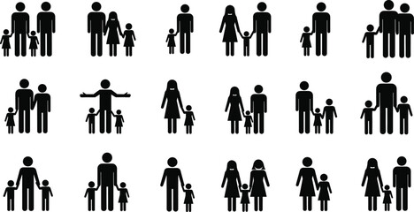 Family diversity icons, inclusive silhouettes, modern family structures, single parents, same-gender couples, children combinations, black pictograms, social unity, parenting symbols