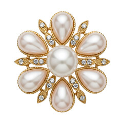 Gold Brooch with Pearls and Diamonds in Flower Design jewelry isolated on a transparent background