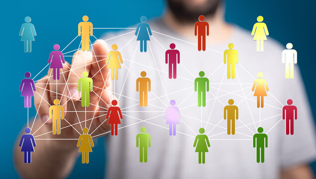 Networking and social media concept, representing connections and community. Hand touches a digital network.