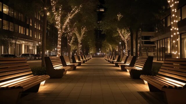 Nighttime urban scene with illuminated benches and trees along a pathway