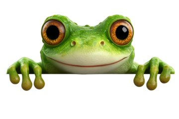 a frog with big eyes peeking over a sign