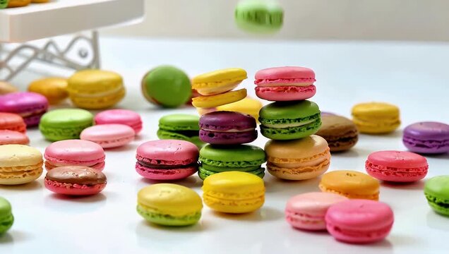 Colorful macaron assortment scattered on white surface under soft lighting for dessert photography
