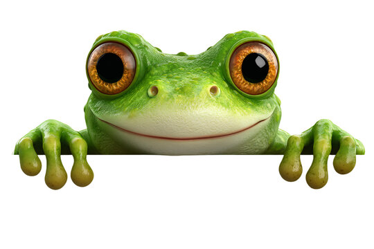 a frog with big eyes peeking over a sign