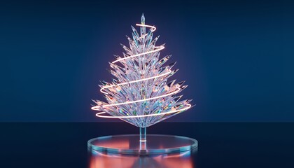 Glowing modern glass Christmas tree sculpture with spiral light on dark background
