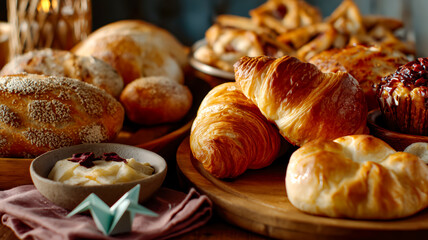 Golden baked goods: an assortment of breads, rolls, and pastries, including croissants and a muffin, displayed on wooden boards.