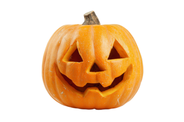 a pumpkin with a carved face on a white background