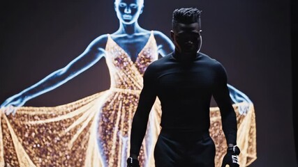 Man creating a detailed glowing human body hologram with hands, manipulating data and virtual reality elements in a futuristic, advanced technology environment - Powered by Adobe