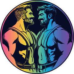 Joyful date two cheerful gay men bears with naked torso. Round neon lgbt print on t-shirt (vector)