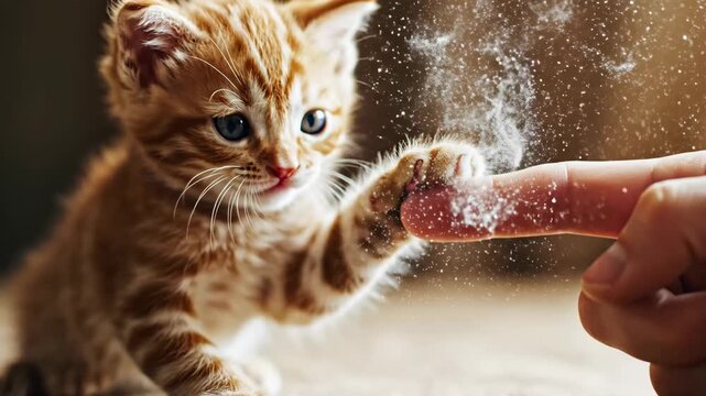 Ginger tab by kitten showing curiosity and wonder while a human finger emits a magical, glowing spark, symbolizing connection, fantasy, and the bond between pet and owner