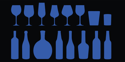 Silhouettes of various  and bottles in blue on a dark background. Includes wine glasses, tumblers, and assorted bottles in different shapes. Perfect for bar, restaurant, or beverage design pr