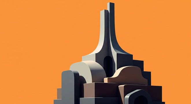 Abstract geometric sculpture with vibrant orange background showcasing modern art design