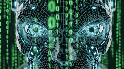 Artificial intelligence wireframe robot face with glowing eyes facing forward, representing advanced technology, deep learning, digital future, and virtual reality concepts - Powered by Adobe