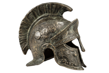 Dark silver spartan helmet with feather against transparent background