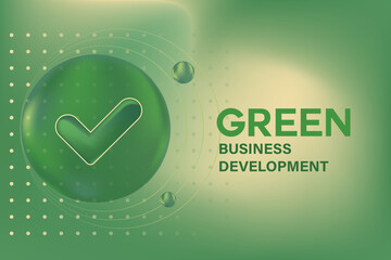 Abstract 3D glass texture sphere or bubble with glowing check mark icon, environment protection, green sustainability business, blurred gradient background with copy space. Digital ESG development