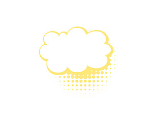 Yellow comic speech cloud with halftone dot texture on a white background. Retro pop art style element perfect for fun and creative designs. Ideal for comics, posters, or social media graphics.