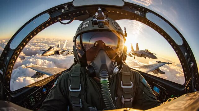 Fighter pilot looking at two f-15 eagle jets flying in formation above clouds during a dramatic sunset, reflecting the sky and aircraft in the helmet visor from the cockpit view