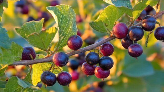 Close-up of a twig with ripe berries, green leaves, bathed in warm sunlight, with a blurred background