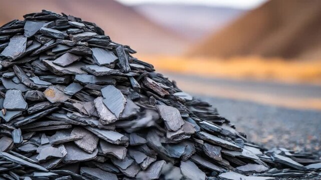 A close-up shot showcasing a pile of slate fragments with a blurry background of a mountain range
