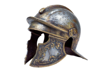 Shiny bronze spartan helmet with decor on transparent background