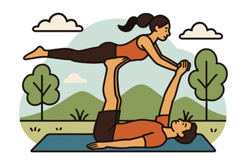 Couple practicing acro yoga together outdoors on a mat