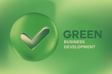 Abstract 3D glass texture sphere or bubble with glowing check mark icon, environment protection, green sustainability business, blurred gradient background with copy space. Digital ESG development