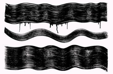 Thick flat wavy black brush stroke background set. Hand drawn ink brush texture with Asian calligraphy style. Japanese Chinese wide flowing lines, abstract black highlighter stroke vector backdrop.