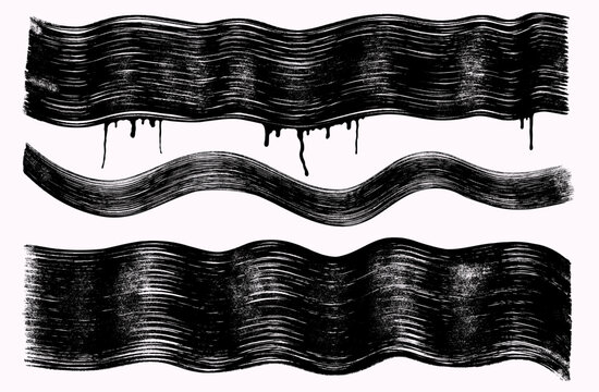Thick flat wavy black brush stroke background set. Hand drawn ink brush texture with Asian calligraphy style. Japanese Chinese wide flowing lines, abstract black highlighter stroke vector backdrop.