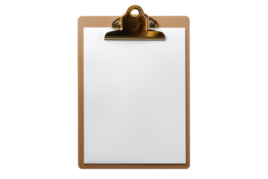 a clipboard with a blank paper attached to it
