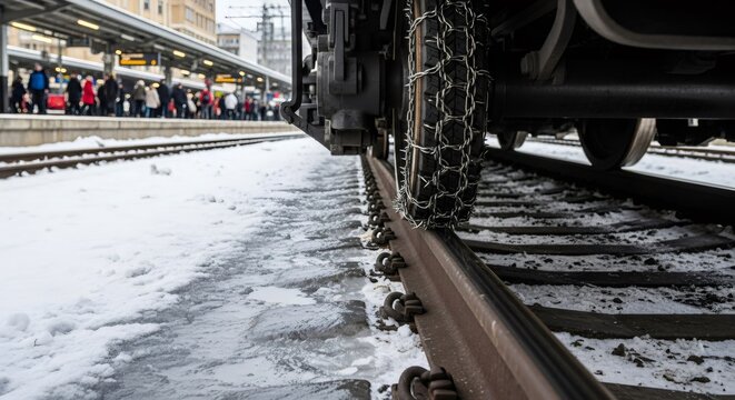 Close-up of train wheel with chains on snowy railway tracks at station. Winter transportation challenge and severe weather impact on travel concept. - Powered by Adobe