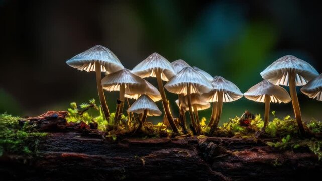 A cluster of small, delicate mushrooms with pale caps and long stems growing on a moss-covered log