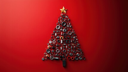 Creative Christmas tree made from assorted car parts arranged on red background representing automotive holiday concept