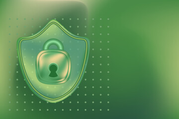 Abstract 3D glass texture security shield with glowing padlock icon, environment protection, green sustainability business, blurred gradient background with copy space. Digital ESG development